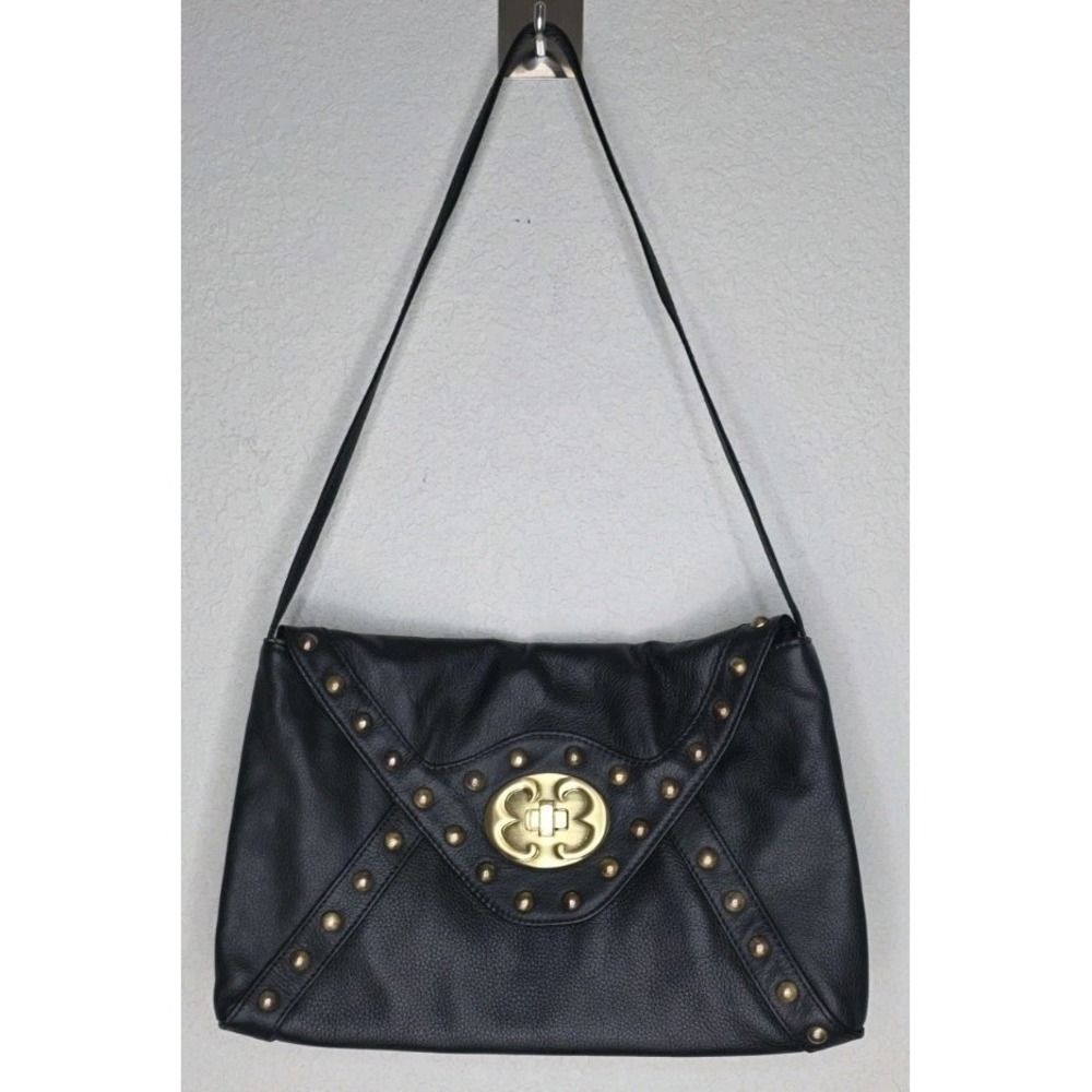 Emma Fox Leather Hand Bag Black Shoulder Purse Envelope Twist Latch Studded Moto